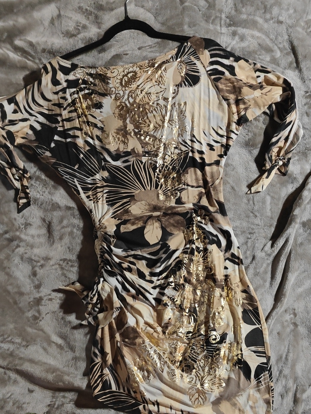 Cache Long Sleeve Floral & Zebra-Print Dress with Gold Foil